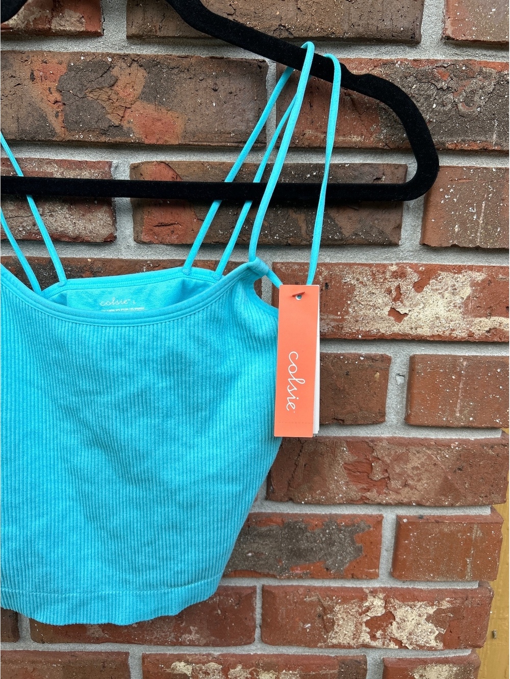 Ribbed Double Strap Tank Top in Turquoise, Size Large